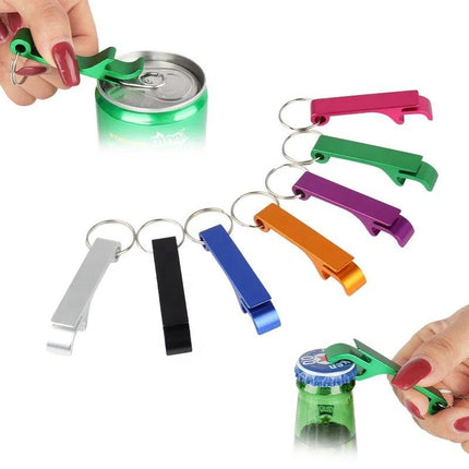 Colorful can openers with keychains on a white background