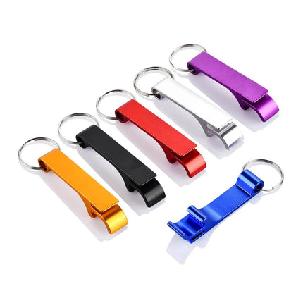 Six aluminum bottle opener keychains in different colors (orange, black, red, silver, purple, and blue) arranged diagonally on a white background.
