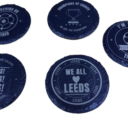 Super Leeds Inspired Slate Coasters Set of 5 Engraved Drinks Mats with Holder