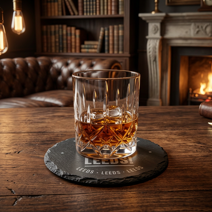 Super Leeds Inspired Slate Coasters Set of 5 Engraved Drinks Mats with Holder