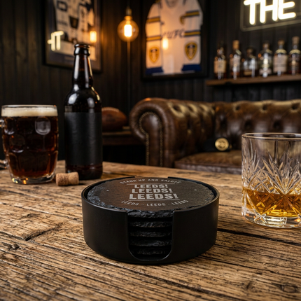 Super Leeds Inspired Slate Coasters Set of 5 Engraved Drinks Mats with Holder