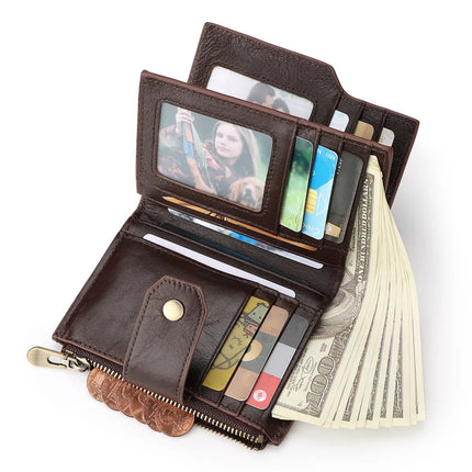 An open dark brown leather bi-fold wallet shown on a white background, filled with credit cards, ID photos, and a fanned stack of cash.