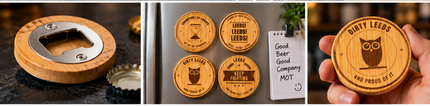 A collage showing wooden bottle opener coasters and matching bottle caps being used on a bar counter, with a hand holding a bottle opener attached to a glass bottle. The coasters are engraved with beer-themed phrases such as 'LEEDS! LEEDS!', 'KEEP FIGHTING', and owl logos, and one coaster is shown with a metal opener bit exposed.