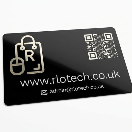 A black plastic RFID-style card with white printed text and icons, including a QR code, the website www.rlotech.