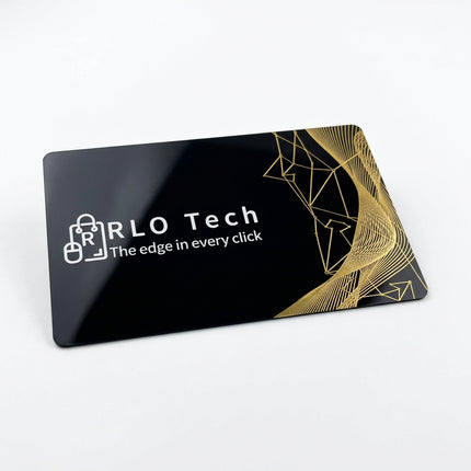A black RLO Tech card with white text and a gold geometric line pattern, shown on a plain white background.