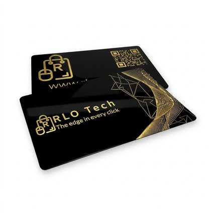 Two black plastic cards with gold and white graphics, one featuring a QR code and the other 'RLO Tech' branding, shown on a white background.