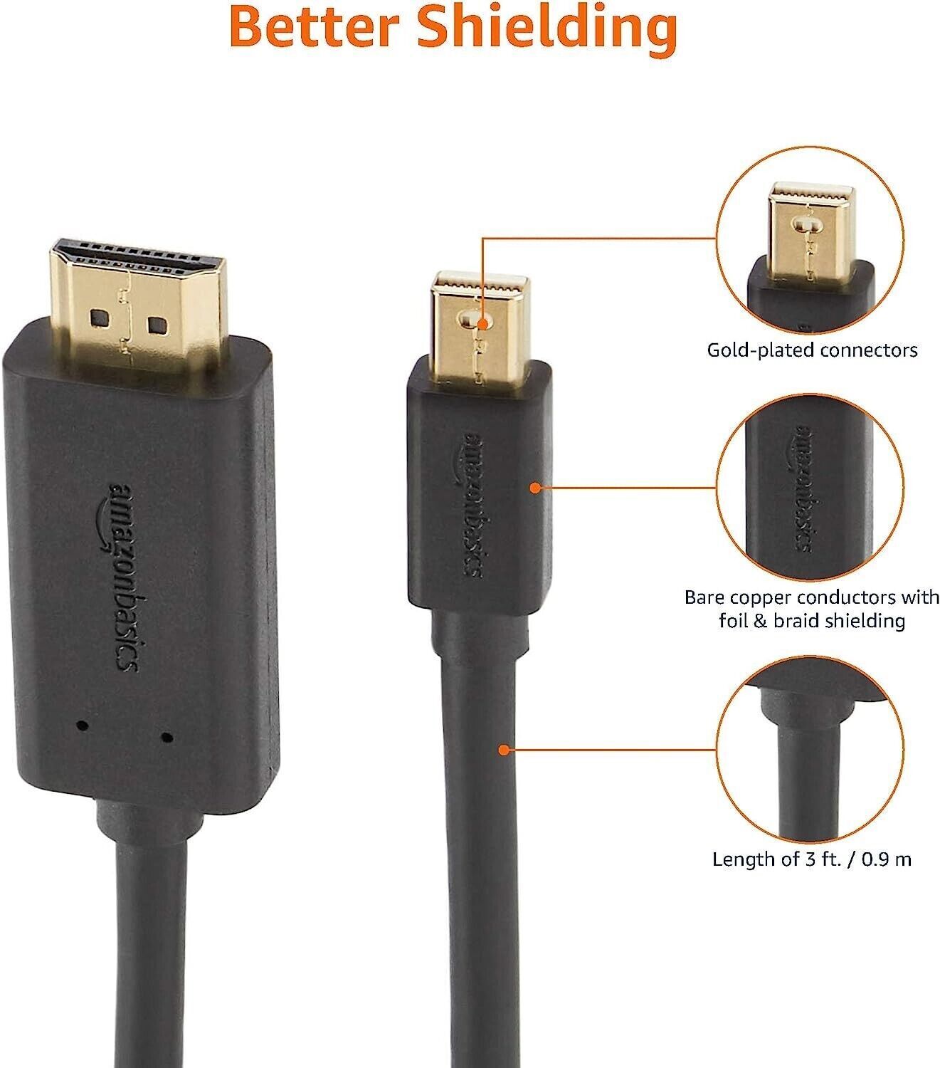 Amazon Basics Mini DisplayPort to HDMI Cable for MacBook Surface Pro 0.9m/3ft