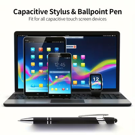 Capacitive stylus and ballpoint pen with devices on a laptop screen