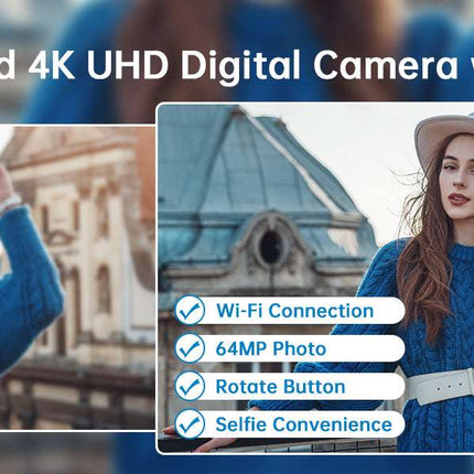 4K 64MP Digital Camera WiFi Autofocus Vlogging Camera Flip Screen 64GB Aureapix