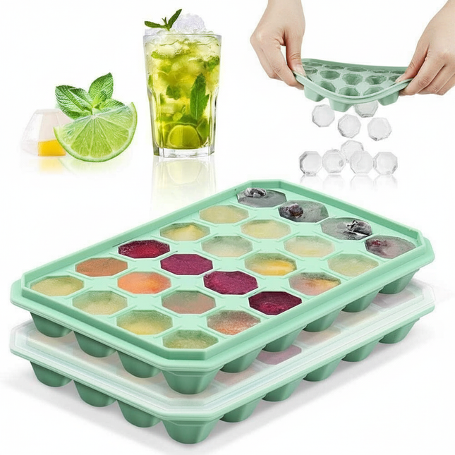 Reusable Ice Cube Trays with No Spill Lid Easy Release 48 Cubes Whiskey Cocktail