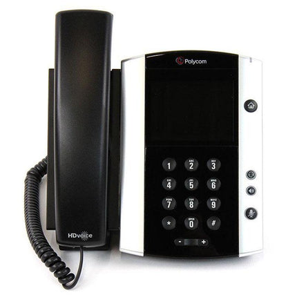 A Polycom HDvoice IP phone with a black handset and a black-and-silver console unit on a white background.