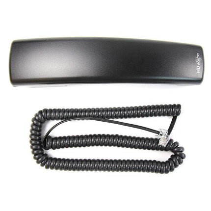 A black cordless telephone receiver handset with a coiled cord and RJ45 connector, shown on a plain white background. The handset has 'HDvoice' printed on the side.