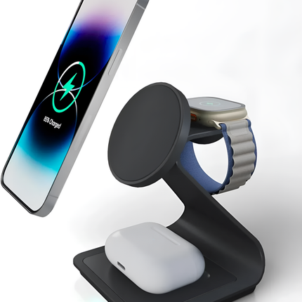 3 in 1 Wireless Charger For iPhone Apple Watch and AirPods Black Aluminium Alloy