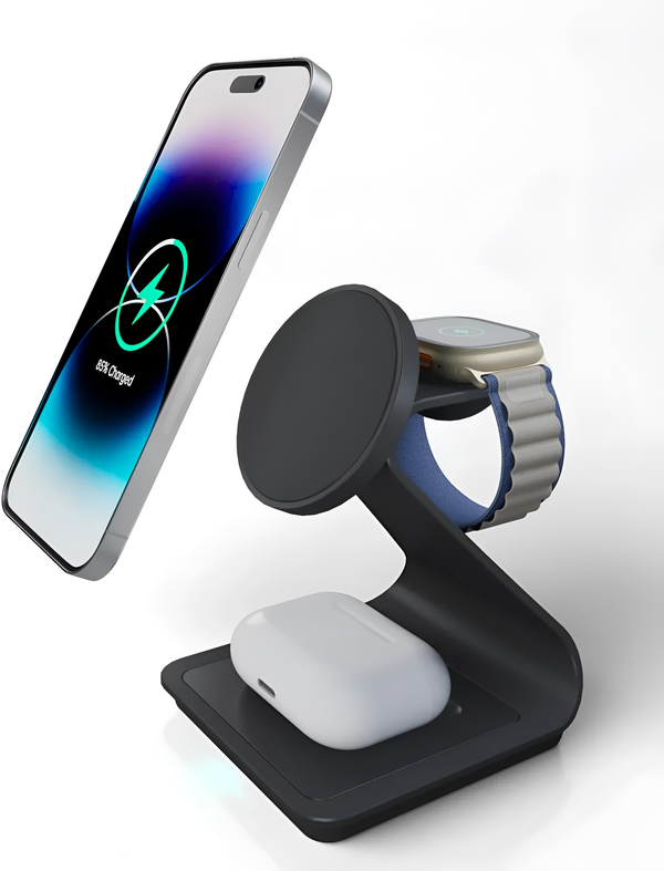 3 in 1 Wireless Charger For iPhone Apple Watch and AirPods Black Aluminium Alloy