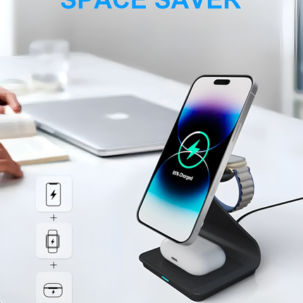 3 in 1 Wireless Charger For iPhone Apple Watch and AirPods Black Aluminium Alloy