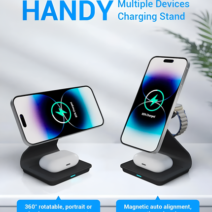 3 in 1 Wireless Charger For iPhone Apple Watch and AirPods Black Aluminium Alloy