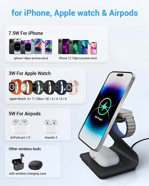 3 in 1 Wireless Charger For iPhone Apple Watch and AirPods Black Aluminium Alloy