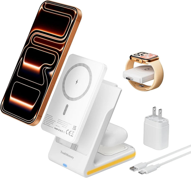 YouthMemory 3-in-1 wireless charging station with iPhone, Apple Watch and wall adapter
