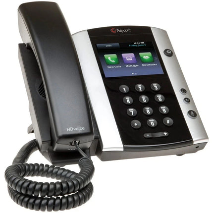 Polycom office phone with digital display and keypad on a white background