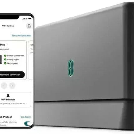A dark gray smart home network device with a green oval logo, shown next to a smartphone displaying a WiFi control app interface.