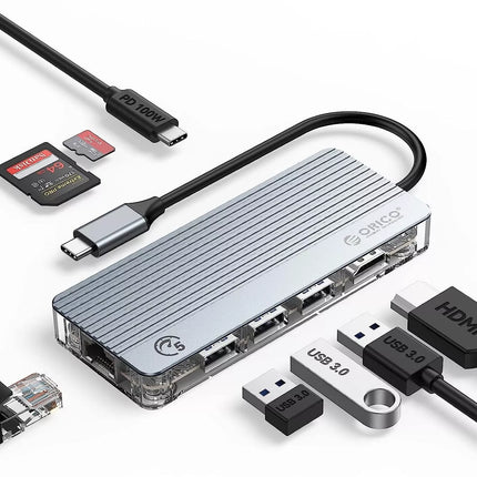 USB C Docking Station 8 in 1 Type C Transparent Dock 3 USB 4K HDMI RJ45 TF & SD
