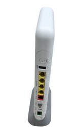 A white wireless router with five yellow and one red Ethernet ports, standing on a gray base against a white background.