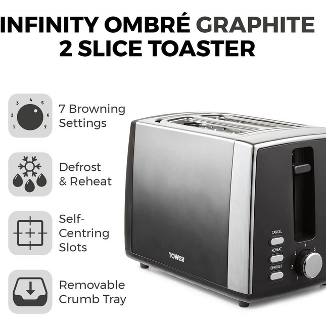 Tower Infinity Ombre Graphite 900W 2 Slice Toaster T20038GRP Stylish & Modern