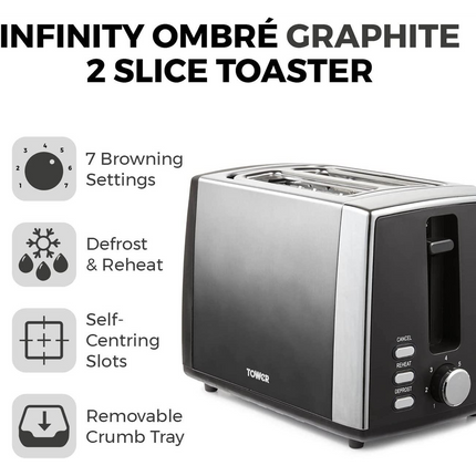 Tower Infinity Ombre Graphite 900W 2 Slice Toaster T20038GRP Stylish & Modern