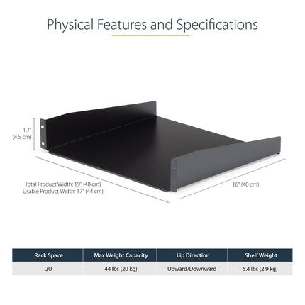 StarTech.com 2U Fixed Server Rack Mount Shelf 16in Deep for 19" Network Rack