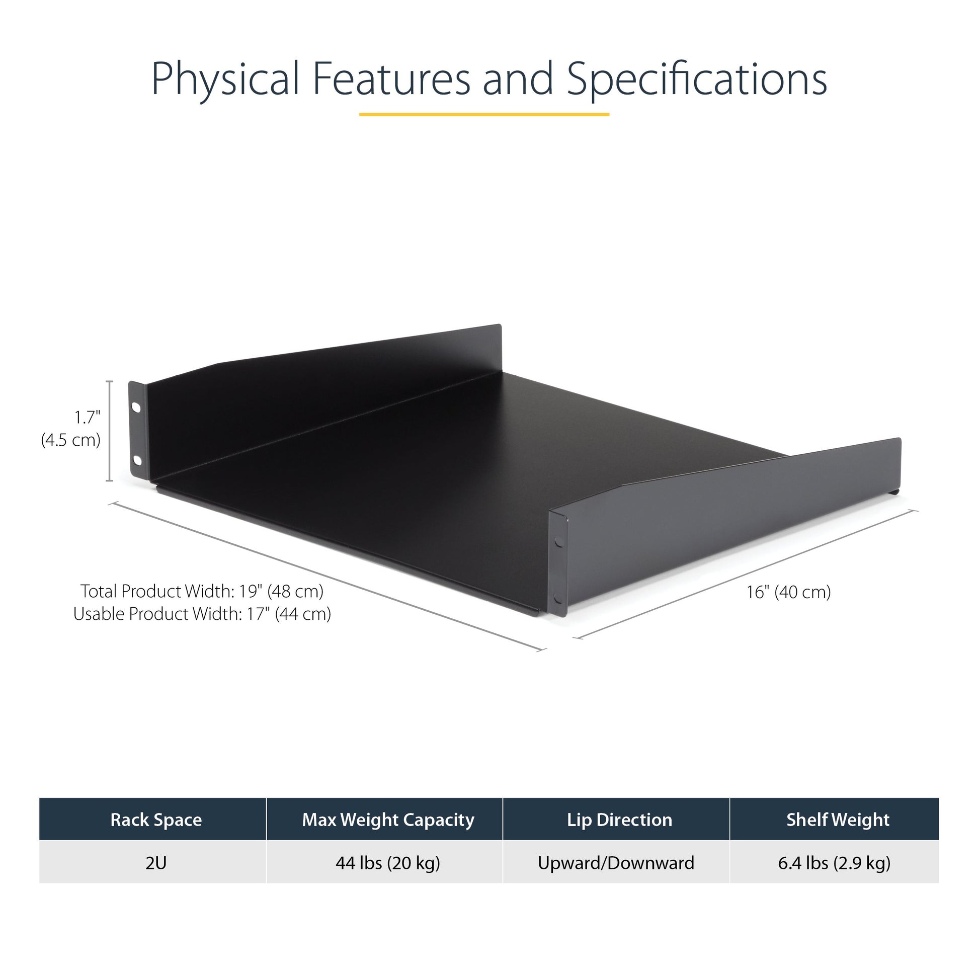 StarTech.com 2U Fixed Server Rack Mount Shelf 16in Deep for 19" Network Rack
