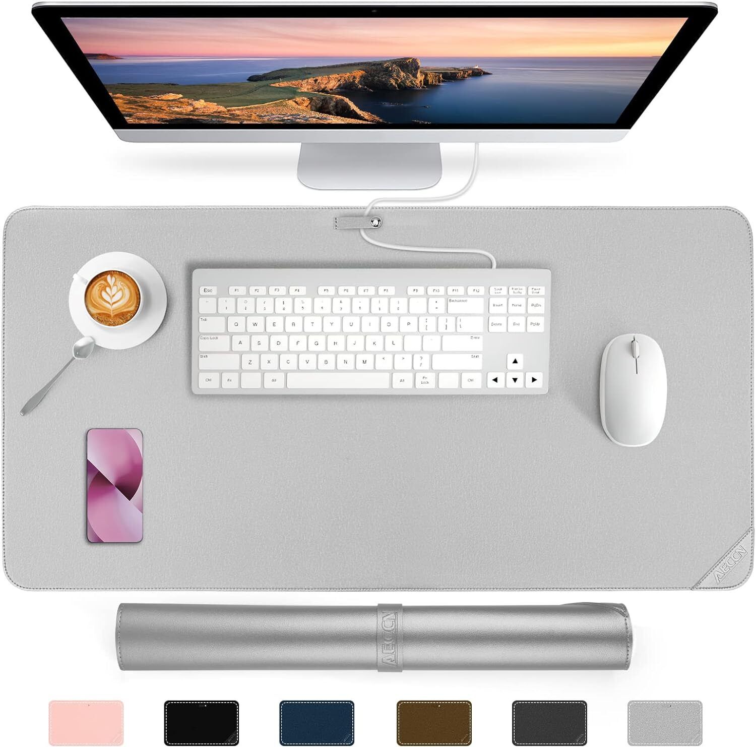 Desk Mat Waterproof Desk Pad Premium PU Leather Colour Titanium Silver 80 x 40