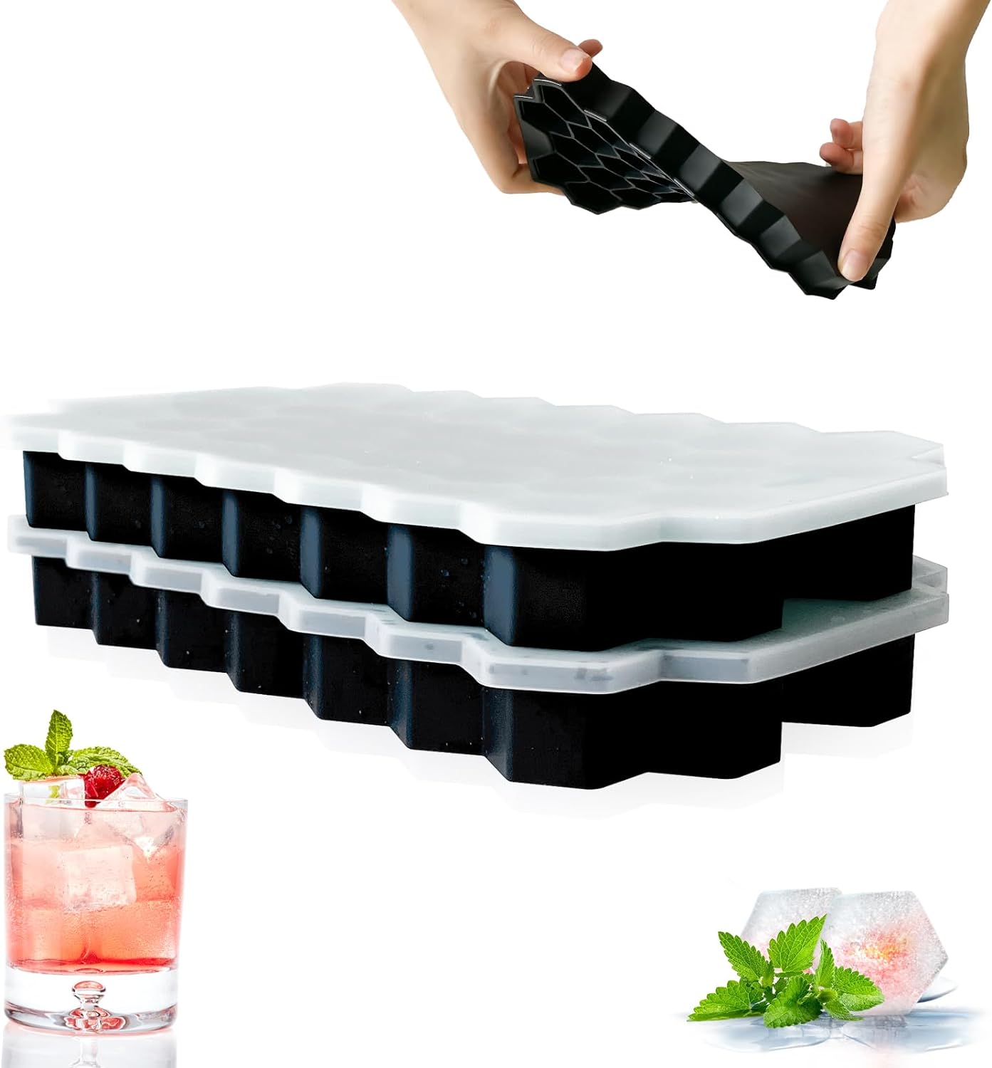 2 Pack Ice Cube Tray Silicone Honeycomb Shape 37 Cubes Each Tray with Lids Black