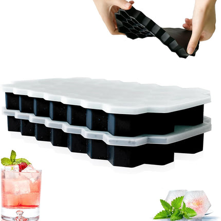 2 Pack Ice Cube Tray Silicone Honeycomb Shape 37 Cubes Each Tray with Lids Black