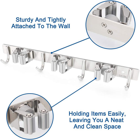Mop Broom Holder Wall Mounted Heavy Duty Clips & Hangers Storage Rack 3 Hooks