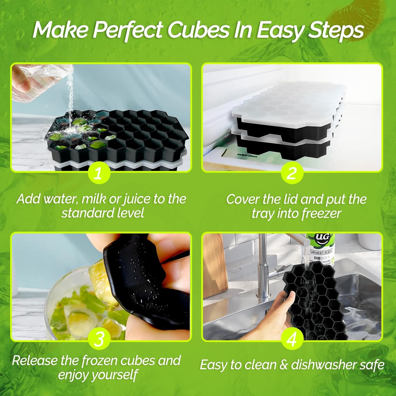 2 Pack Ice Cube Tray Silicone Honeycomb Shape 37 Cubes Each Tray with Lids Black