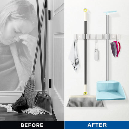 Mop Broom Holder Wall Mounted Heavy Duty Clips & Hangers Storage Rack 2 Hooks