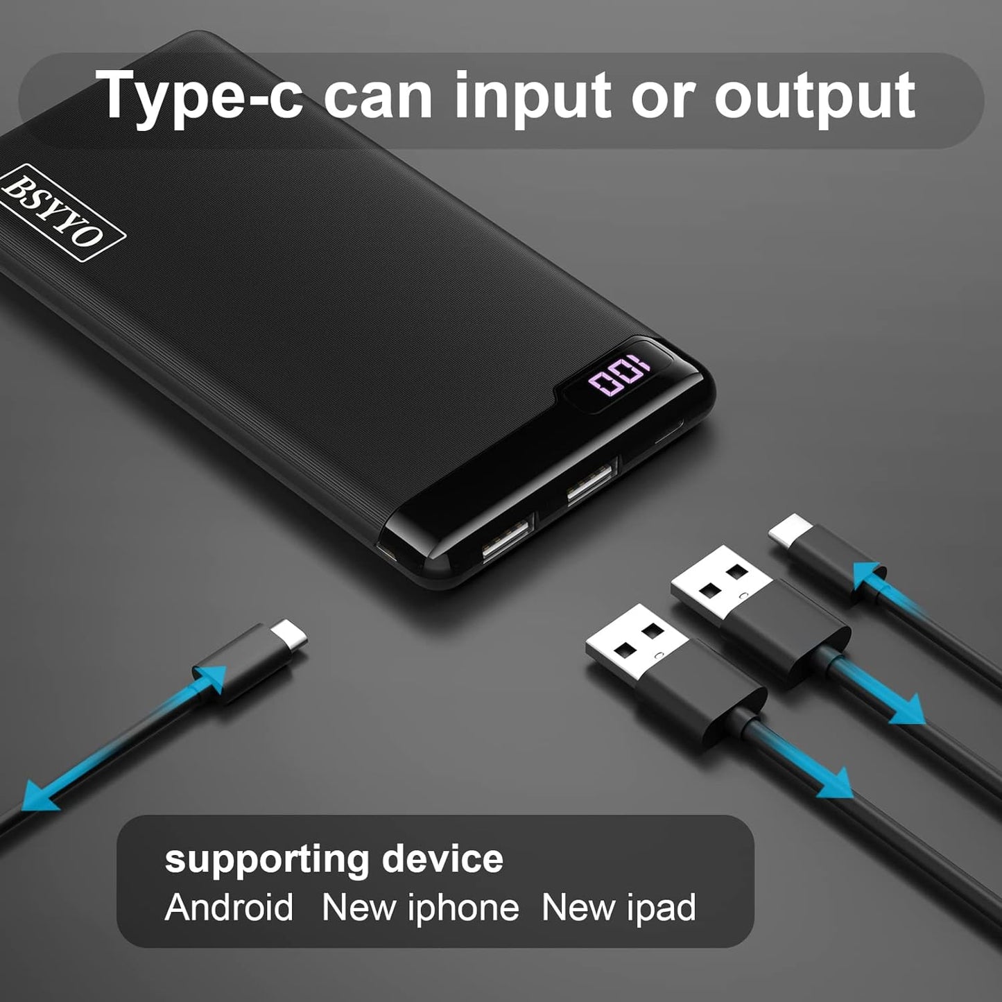 BSYYO power bank15W 10600mAh LED display portable charger 2 USB A ports 1 USB C