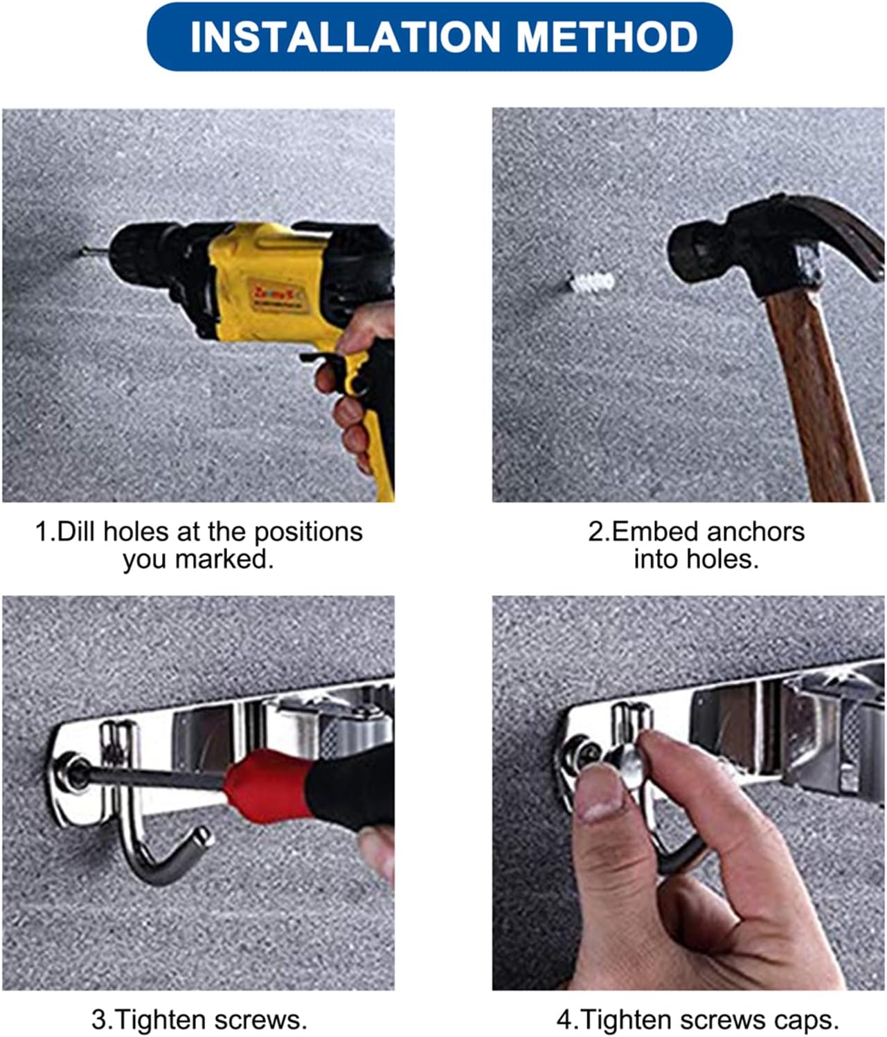 Mop Broom Holder Wall Mounted Heavy Duty Clips & Hangers Storage Rack 2 Hooks
