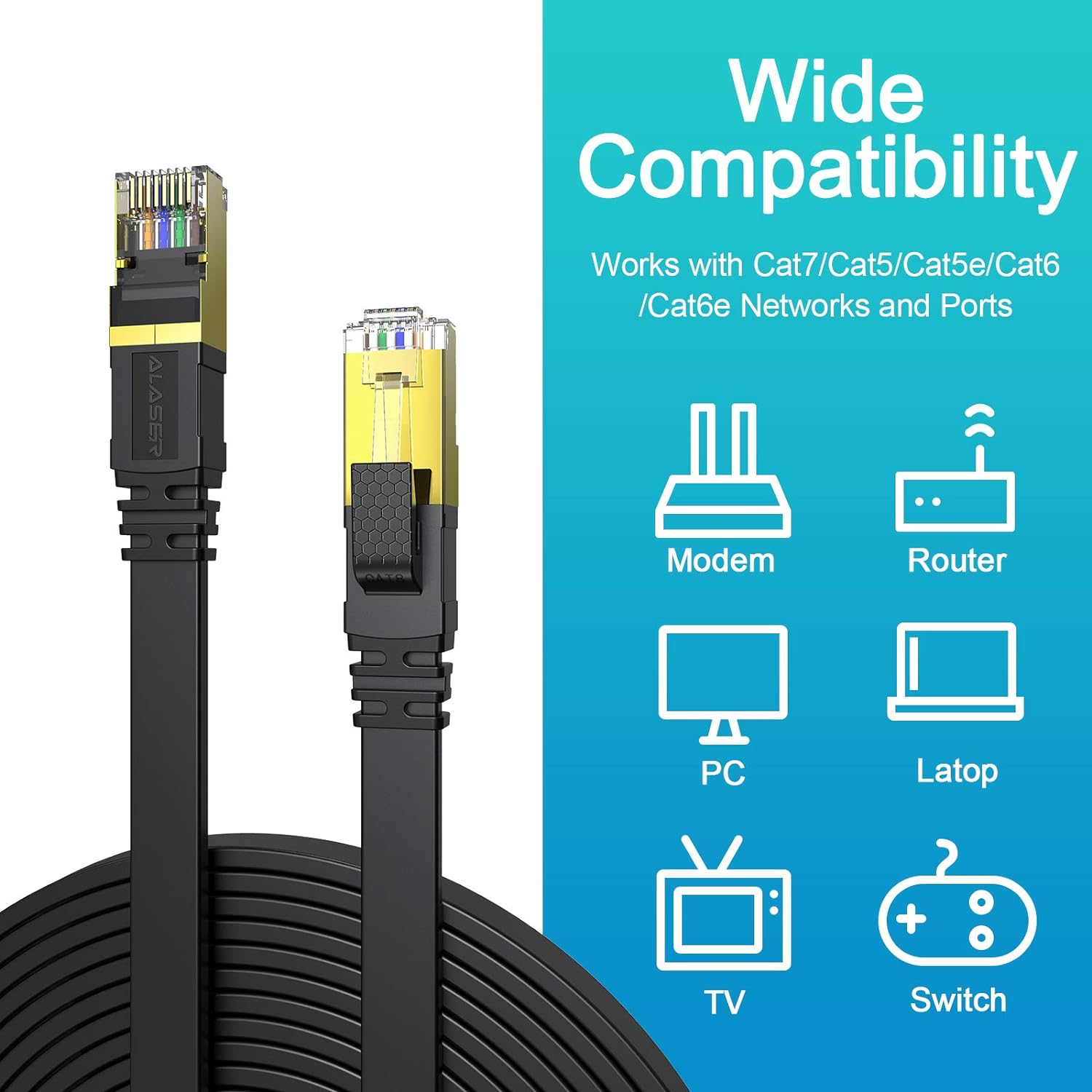 Cat 8 Flat Ethernet Network Cable 8M Alaser High Speed 40Gbps 2000Mhz Gigabit