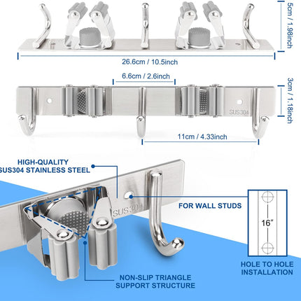 Mop Broom Holder Wall Mounted Heavy Duty Clips & Hangers Storage Rack 2 Hooks
