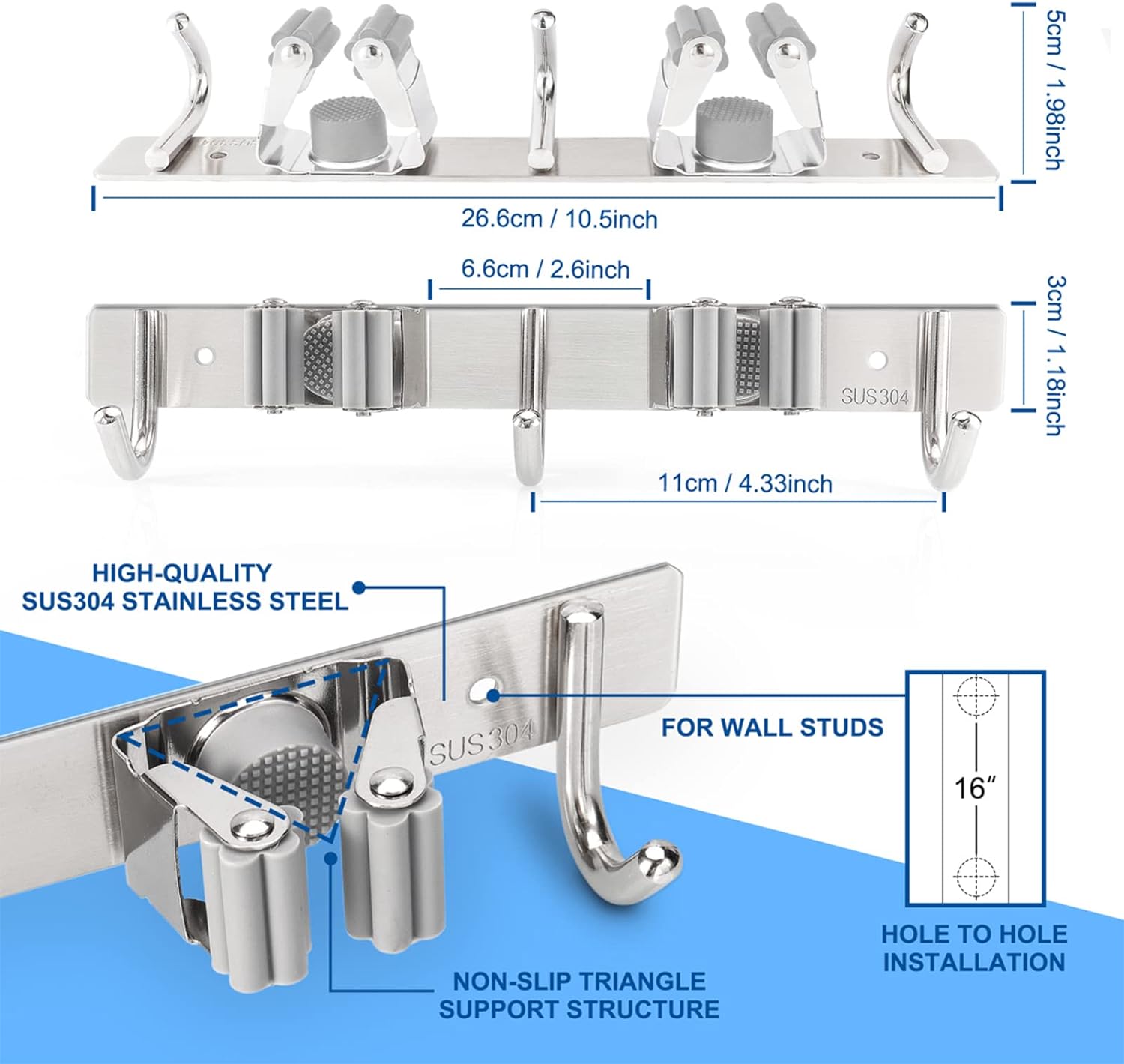 Mop Broom Holder Wall Mounted Heavy Duty Clips & Hangers Storage Rack 2 Hooks