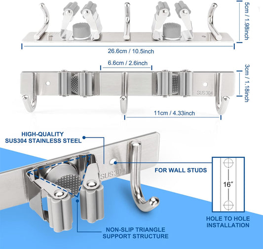 Mop Broom Holder Wall Mounted Heavy Duty Clips & Hangers Storage Rack 2 Hooks