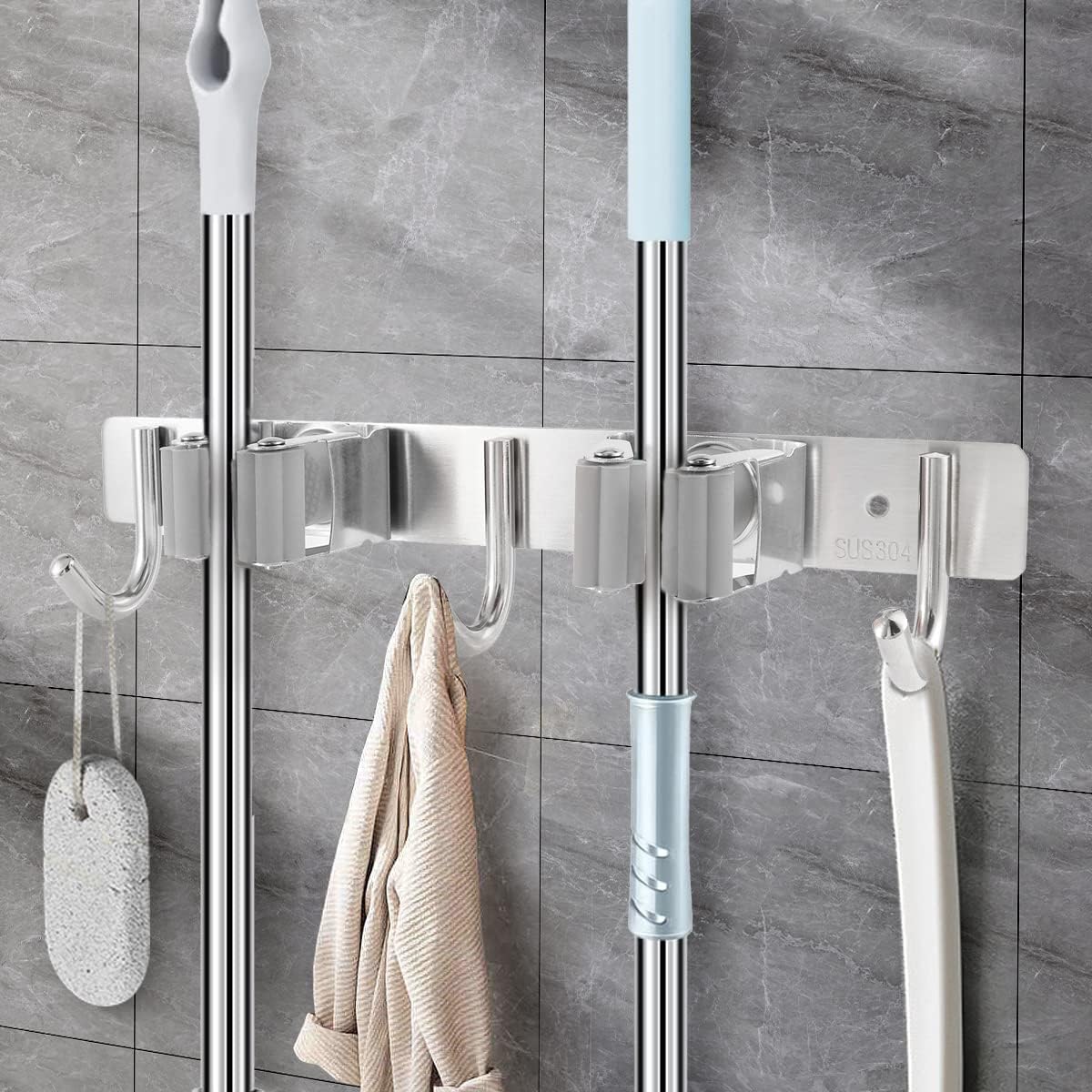Mop Broom Holder Wall Mounted Heavy Duty Clips & Hangers Storage Rack 2 Hooks
