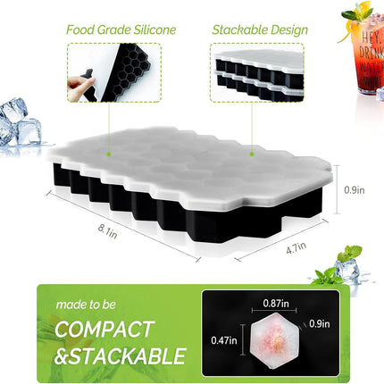 2 Pack Ice Cube Tray Silicone Honeycomb Shape 37 Cubes Each Tray with Lids Black