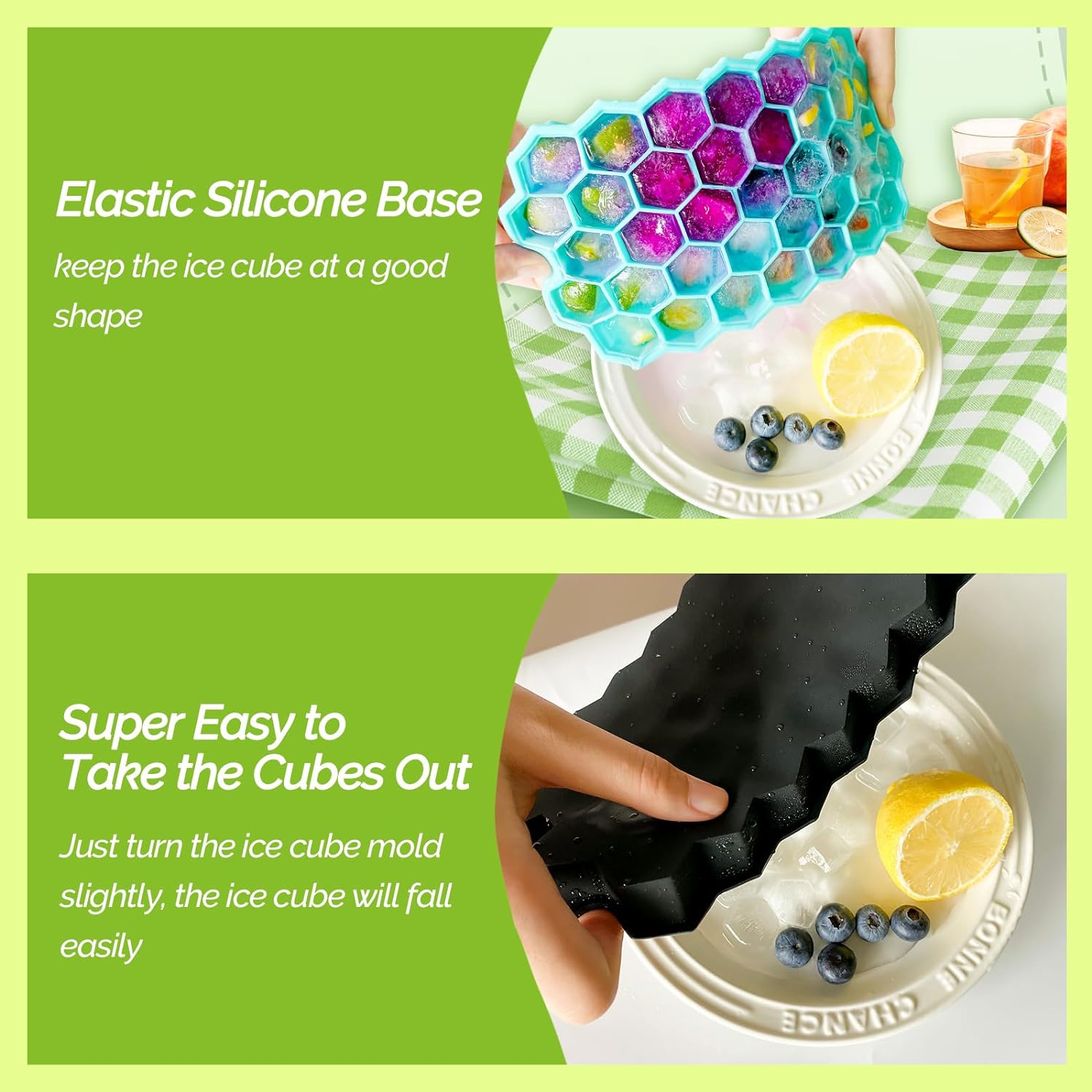 2 Pack Ice Cube Tray Silicone Honeycomb Shape 37 Cubes Each Tray with Lids Black