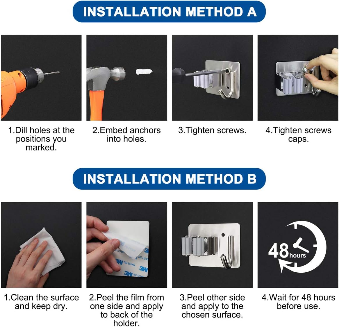 Mop Broom Holder Wall Mounted Heavy Duty Clips & Hanger Storage Rack 1 Hook 2 pk