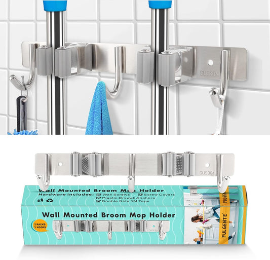 Mop Broom Holder Wall Mounted Heavy Duty Clips & Hangers Storage Rack 2 Hooks