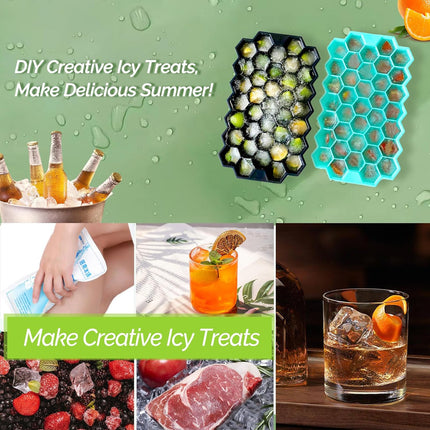 2 Pack Ice Cube Tray Silicone Honeycomb Shape 37 Cubes Each Tray with Lids Black