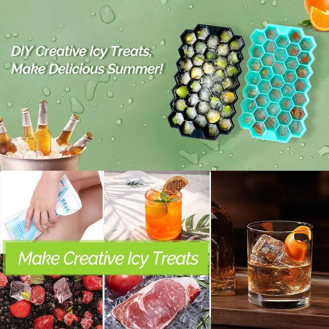 2 Pack Ice Cube Tray Silicone Honeycomb Shape 37 Cubes Each Tray with Lids Black