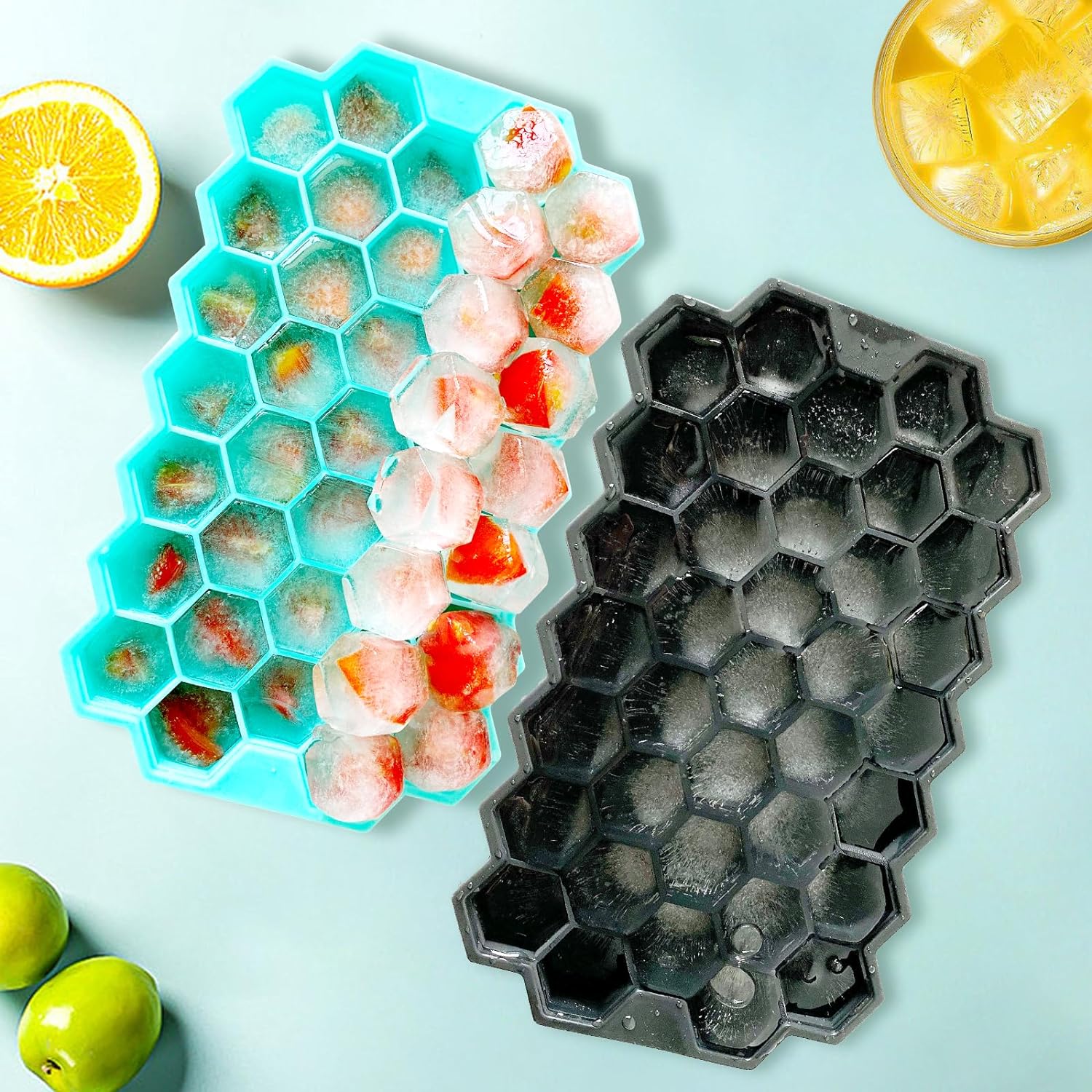 2 Pack Ice Cube Tray Silicone Honeycomb Shape 37 Cubes Each Tray with Lids Black